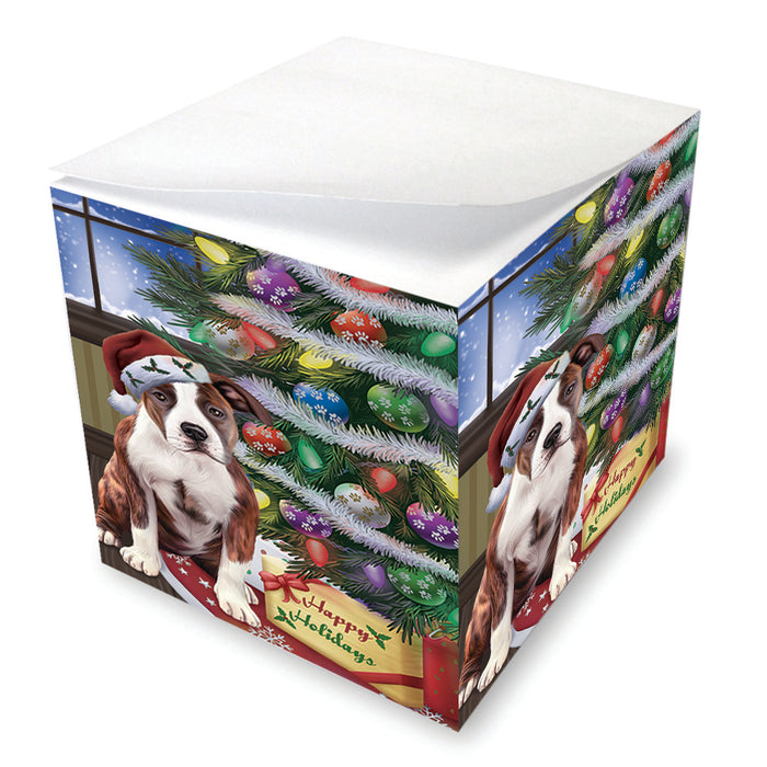 Christmas Happy Holidays American Staffordshire Terrier Dog with Tree and Presents Note Cube NOC55082