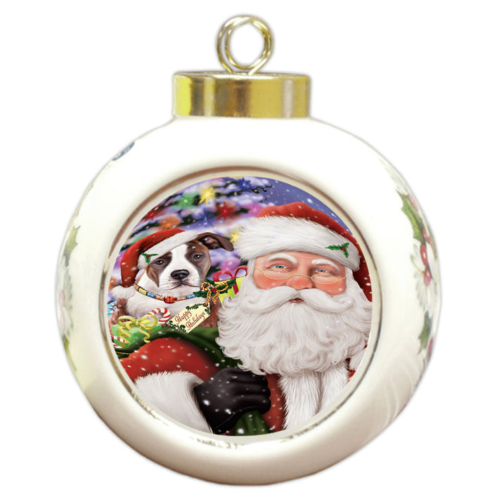 Santa Carrying American Staffordshire Terrier Dog and Christmas Presents Round Ball Christmas Ornament RBPOR53667