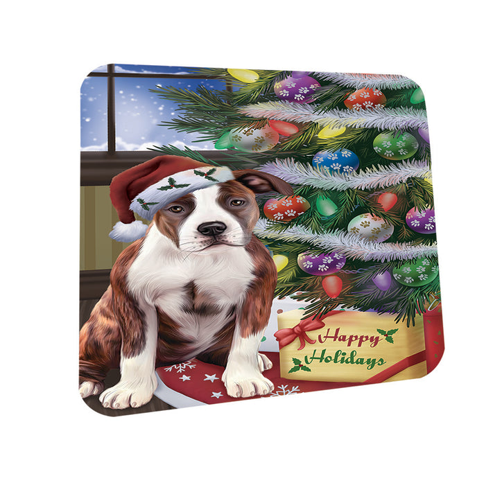 Christmas Happy Holidays American Staffordshire Terrier Dog with Tree and Presents Coasters Set of 4 CST53394