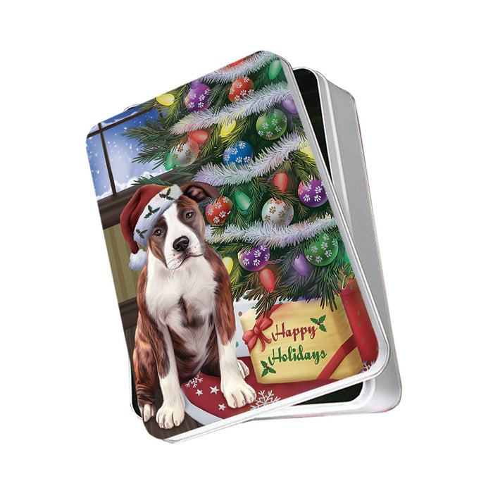 Christmas Happy Holidays American Staffordshire Terrier Dog with Tree and Presents Photo Storage Tin PITN53436