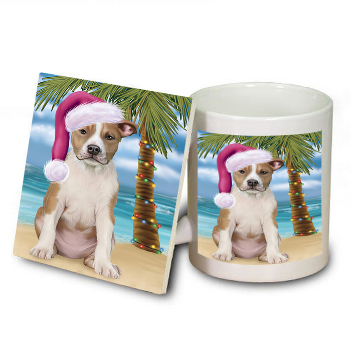 Summertime Happy Holidays Christmas American Staffordshire Terrier Dog on Tropical Island Beach Mug and Coaster Set MUC54392