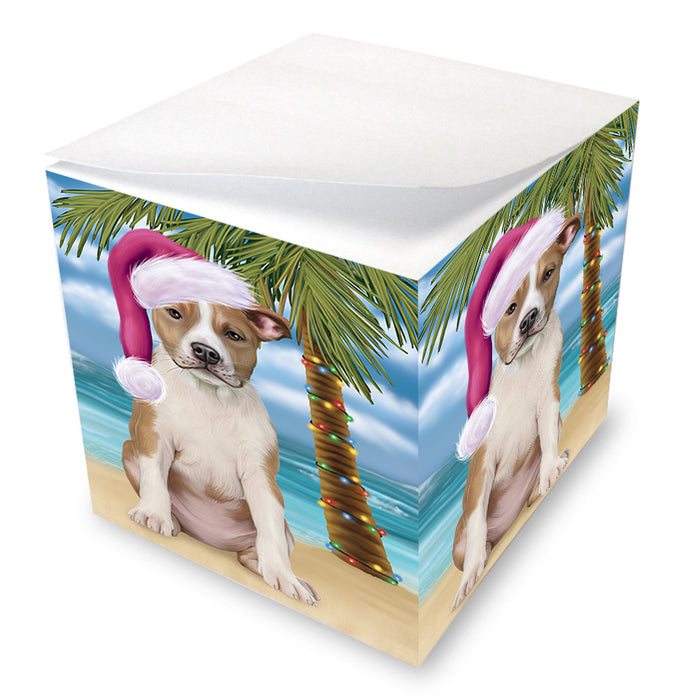 Summertime Happy Holidays Christmas American Staffordshire Terrier Dog on Tropical Island Beach Note Cube NOC56046