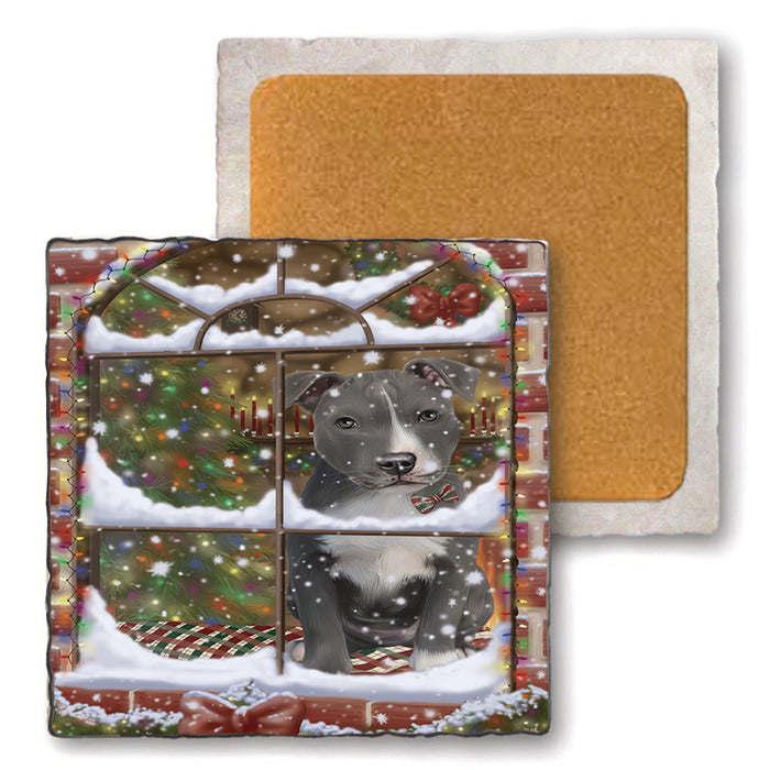 Please Come Home For Christmas American Staffordshire Terrier Dog Sitting In Window Set of 4 Natural Stone Marble Tile Coasters MCST48610