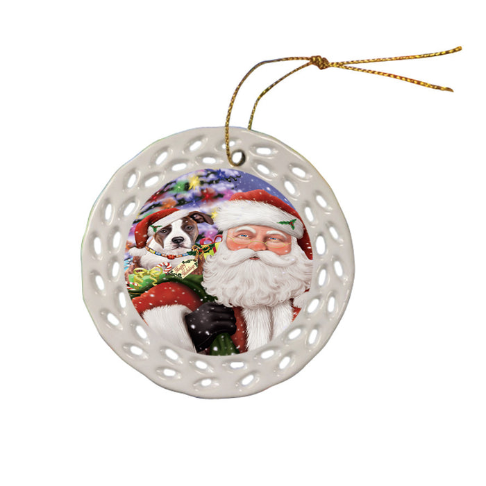 Santa Carrying American Staffordshire Terrier Dog and Christmas Presents Ceramic Doily Ornament DPOR53667
