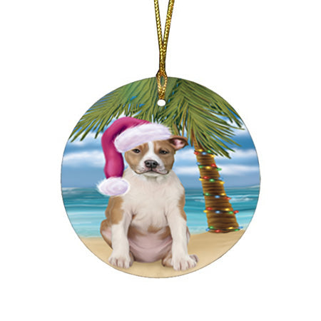 Summertime Happy Holidays Christmas American Staffordshire Terrier Dog on Tropical Island Beach Round Flat Christmas Ornament RFPOR54519
