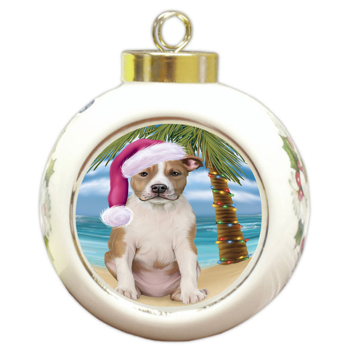 Summertime Happy Holidays Christmas American Staffordshire Terrier Dog on Tropical Island Beach Round Ball Christmas Ornament RBPOR54528