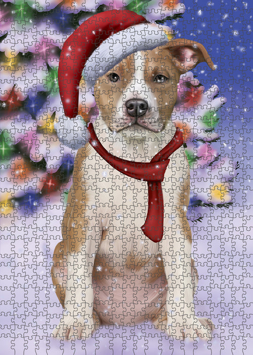 Winterland Wonderland American Staffordshire Terrier Dog In Christmas Holiday Scenic Background Puzzle with Photo Tin PUZL82060