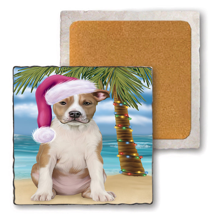 Summertime Happy Holidays Christmas American Staffordshire Terrier Dog on Tropical Island Beach Set of 4 Natural Stone Marble Tile Coasters MCST49400