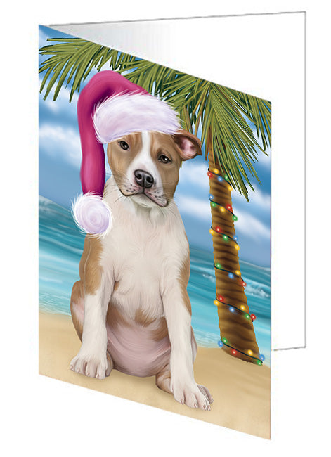 Summertime Happy Holidays Christmas American Staffordshire Terrier Dog on Tropical Island Beach Handmade Artwork Assorted Pets Greeting Cards and Note Cards with Envelopes for All Occasions and Holiday Seasons GCD67613
