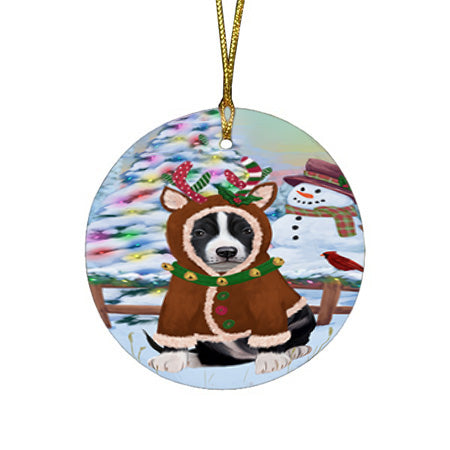 Christmas Gingerbread House Candyfest American Staffordshire Terrier Dog Round Flat Christmas Ornament RFPOR56495