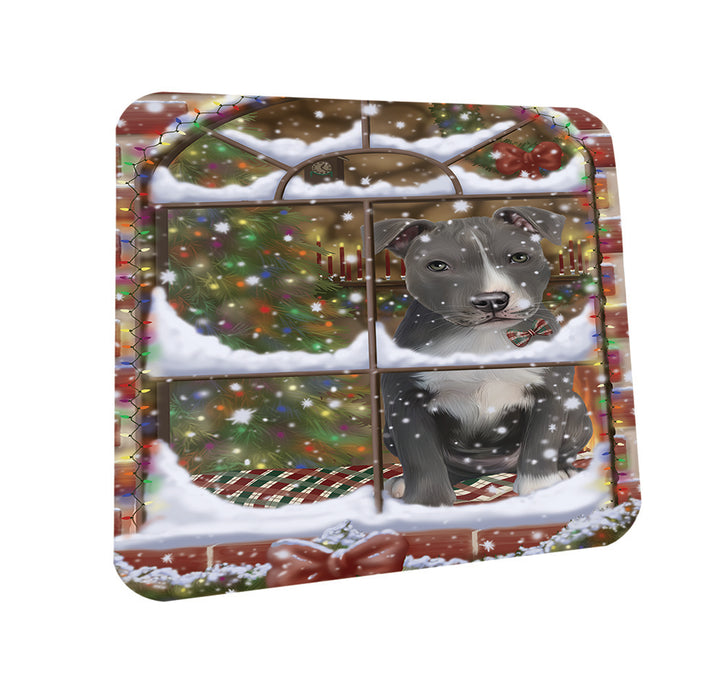 Please Come Home For Christmas American Staffordshire Terrier Dog Sitting In Window Coasters Set of 4 CST53568