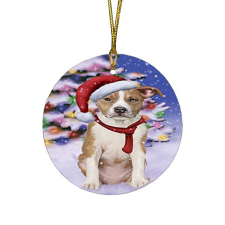 Winterland Wonderland American Staffordshire Terrier Dog In Christmas Holiday Scenic Background Round Flat Christmas Ornament RFPOR53717