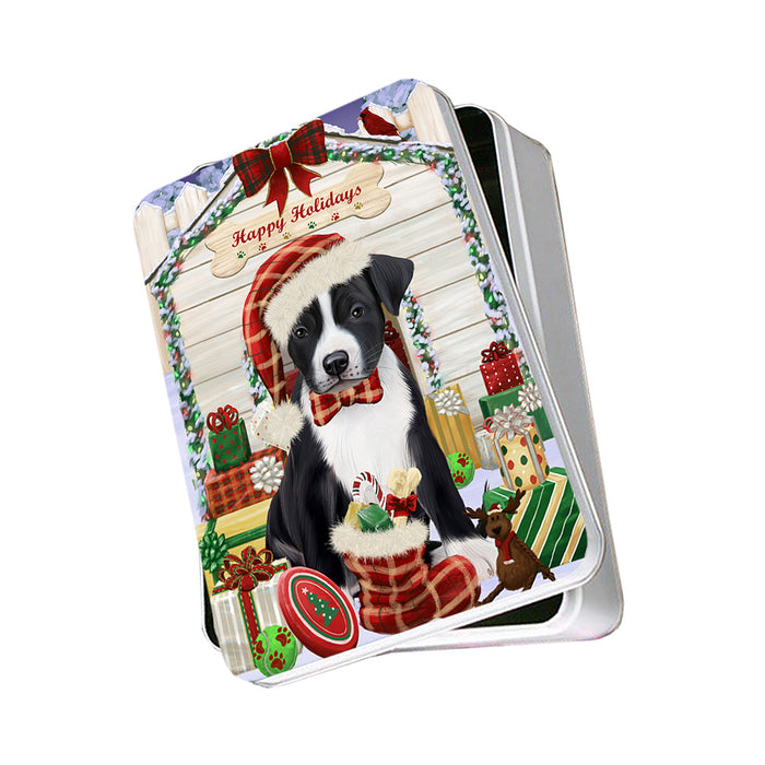Happy Holidays Christmas American Staffordshire Terrier Dog With Presents Photo Storage Tin PITN52624