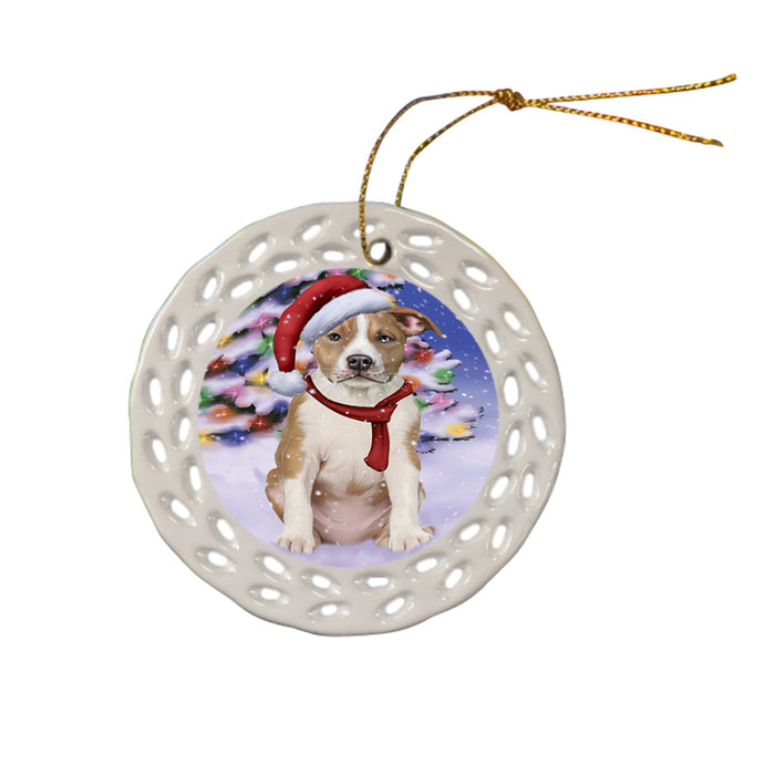 Winterland Wonderland American Staffordshire Terrier Dog In Christmas Holiday Scenic Background Ceramic Doily Ornament DPOR53726