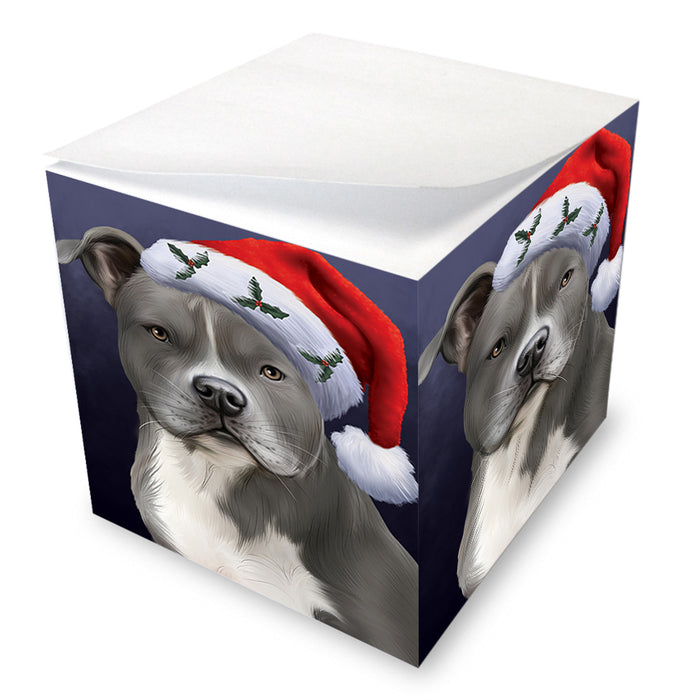 Christmas Holidays American Staffordshire Terrier Dog Wearing Santa Hat Portrait Head Note Cube NOC55134