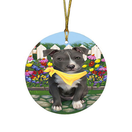 Spring Floral American Staffordshire Terrier Dog Round Flat Christmas Ornament RFPOR52219