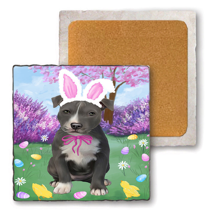 Easter Holiday American Staffordshire Terrier Dog Set of 4 Natural Stone Marble Tile Coasters MCST51866