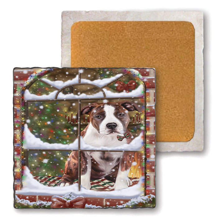 Please Come Home For Christmas American Staffordshire Terrier Dog Sitting In Window Set of 4 Natural Stone Marble Tile Coasters MCST48611