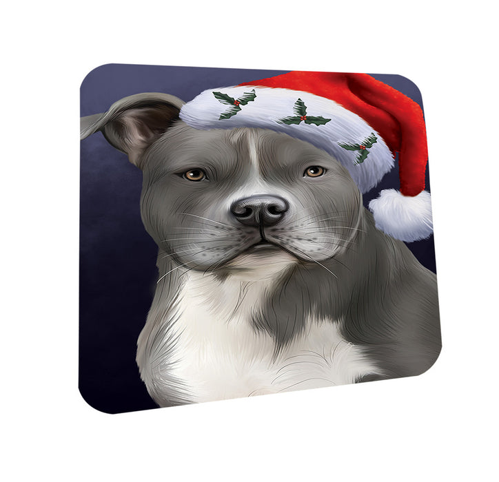 Christmas Holidays American Staffordshire Terrier Dog Wearing Santa Hat Portrait Head Coasters Set of 4 CST53446