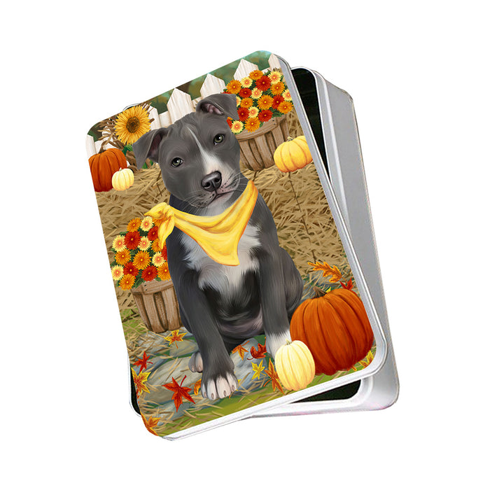 Fall Autumn Greeting American Staffordshire Terrier Dog with Pumpkins Photo Storage Tin PITN52299