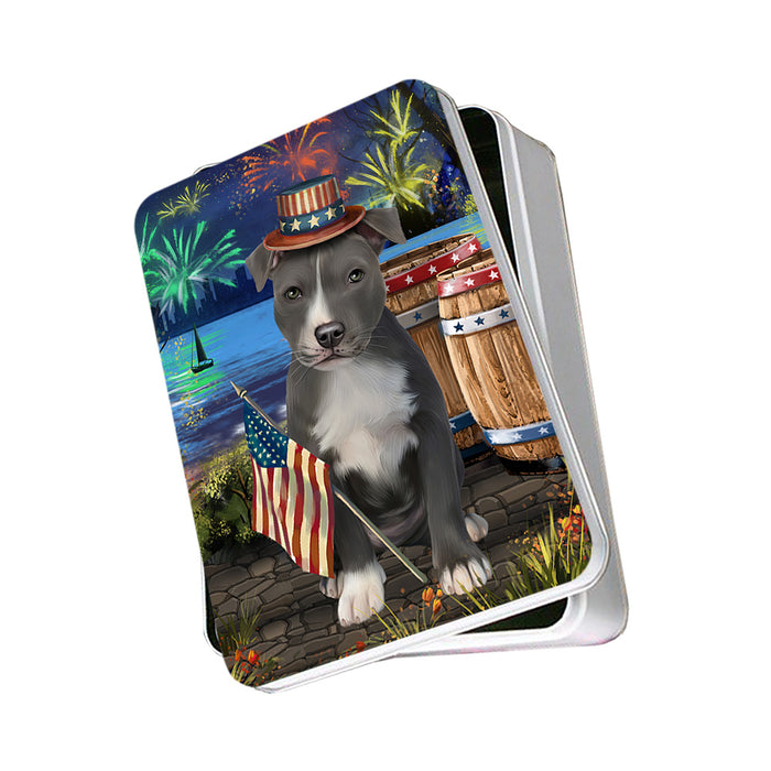 4th of July Independence Day Fireworks American Staffordshire Terrier Dog at the Lake Photo Storage Tin PITN51076