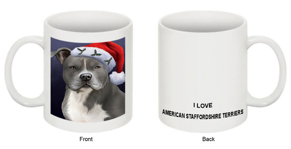 Christmas Holidays American Staffordshire Terrier Dog Wearing Santa Hat Portrait Head Coffee Mug MUG48886