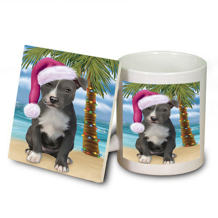 Summertime Happy Holidays Christmas American Staffordshire Terrier Dog on Tropical Island Beach Mug and Coaster Set MUC54393