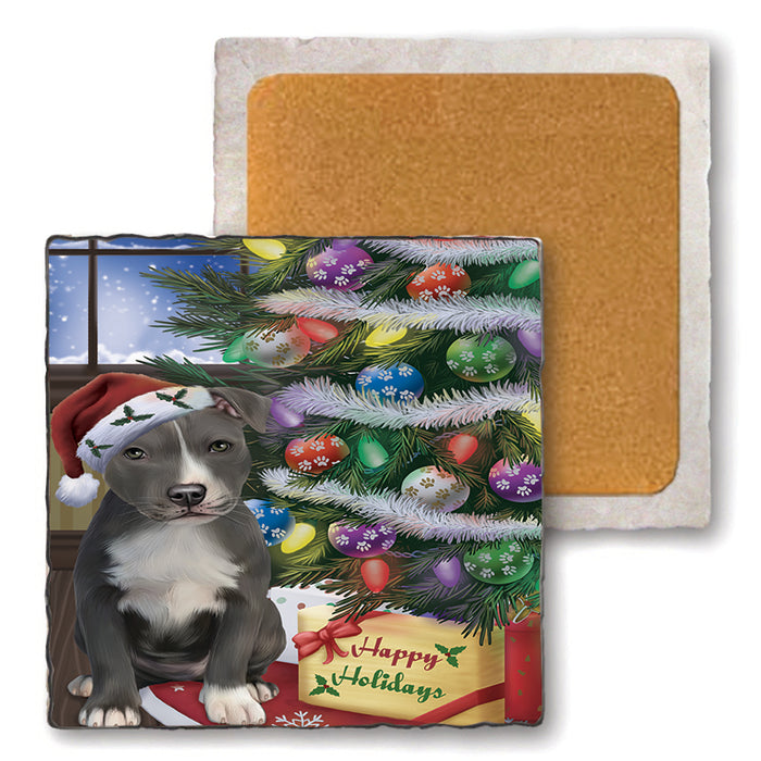 Christmas Happy Holidays American Staffordshire Terrier Dog with Tree and Presents Set of 4 Natural Stone Marble Tile Coasters MCST48437
