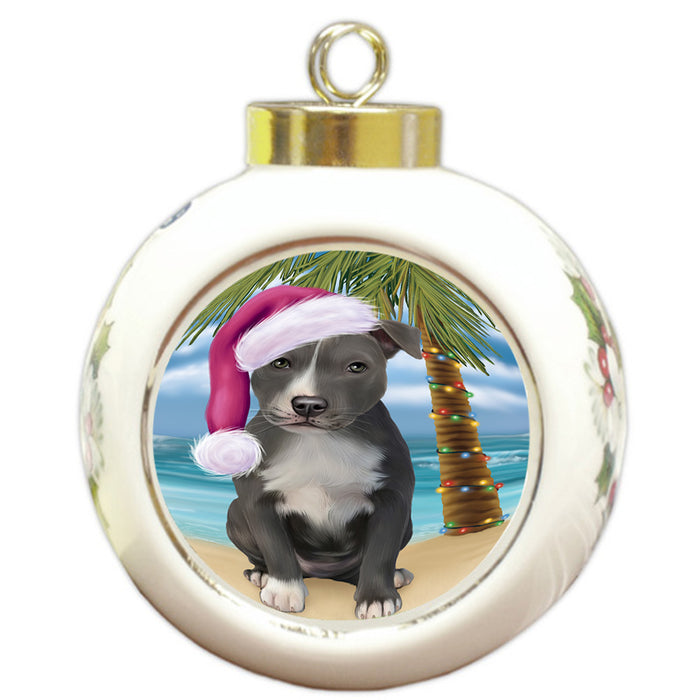 Summertime Happy Holidays Christmas American Staffordshire Terrier Dog on Tropical Island Beach Round Ball Christmas Ornament RBPOR54529