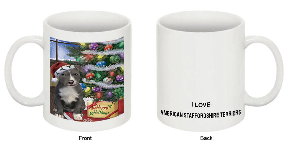 Christmas Happy Holidays American Staffordshire Terrier Dog with Tree and Presents Coffee Mug MUG48835