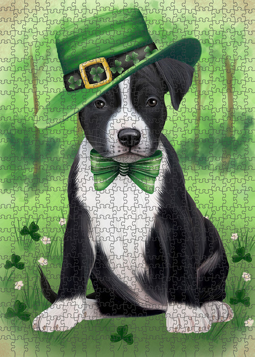 St. Patricks Day Irish Portrait American Staffordshire Terrier Dog Portrait Jigsaw Puzzle for Adults Animal Interlocking Puzzle Game Unique Gift for Dog Lover's with Metal Tin Box PZL013