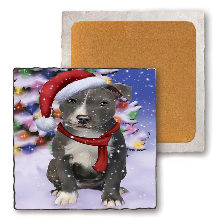Winterland Wonderland American Staffordshire Terrier Dog In Christmas Holiday Scenic Background Set of 4 Natural Stone Marble Tile Coasters MCST48727