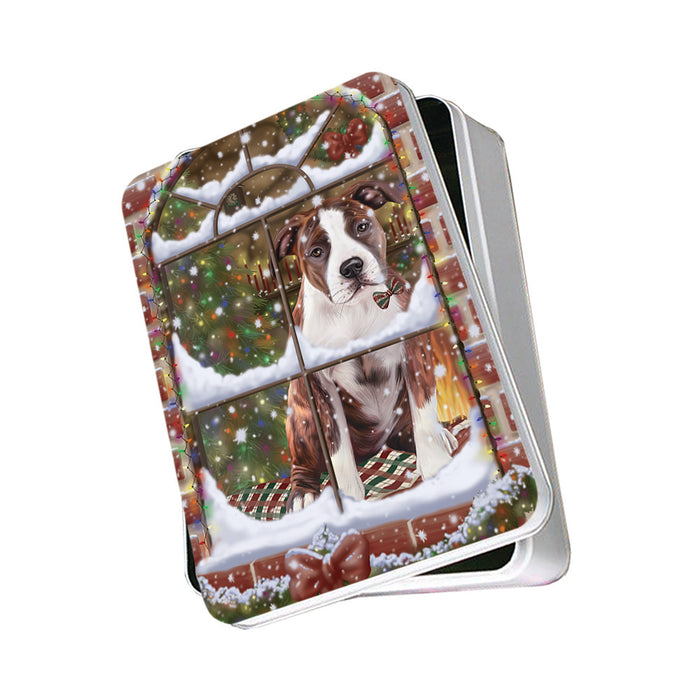 Please Come Home For Christmas American Staffordshire Terrier Dog Sitting In Window Photo Storage Tin PITN57525