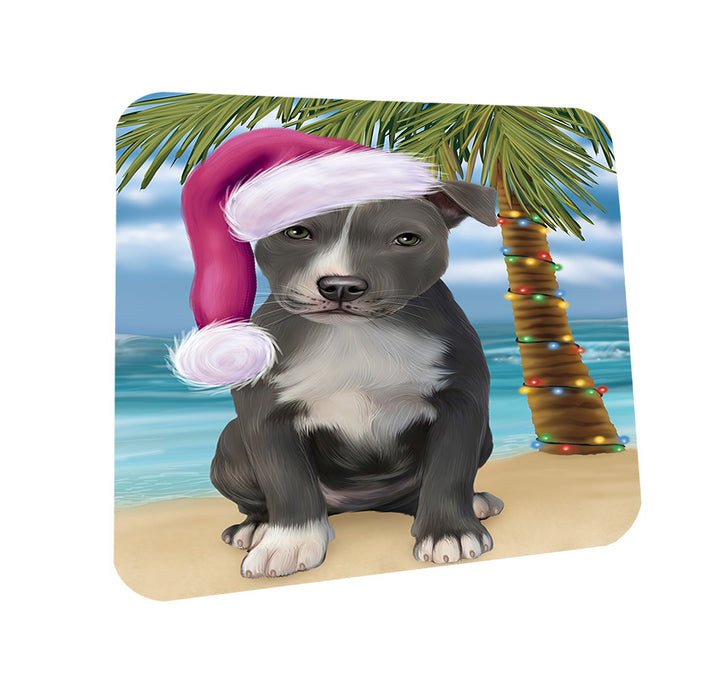 Summertime Happy Holidays Christmas American Staffordshire Terrier Dog on Tropical Island Beach Coasters Set of 4 CST54359