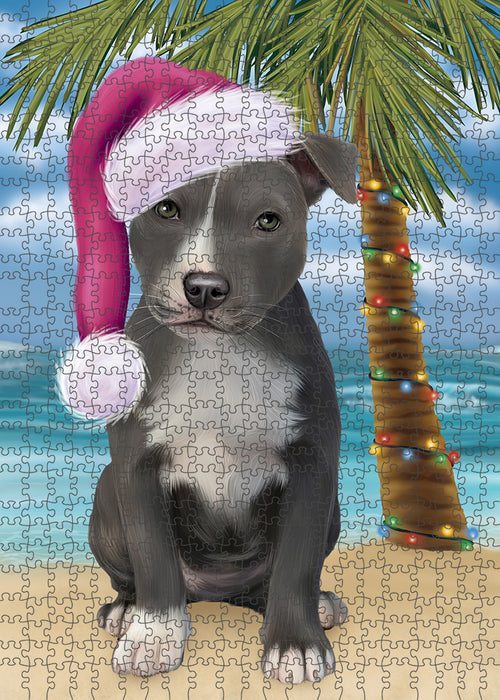 Summertime Happy Holidays Christmas American Staffordshire Terrier Dog on Tropical Island Beach Puzzle with Photo Tin PUZL85272