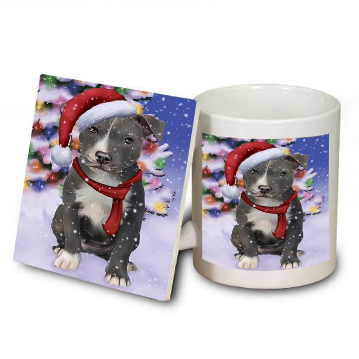 Winterland Wonderland American Staffordshire Terrier Dog In Christmas Holiday Scenic Background Mug and Coaster Set MUC53719