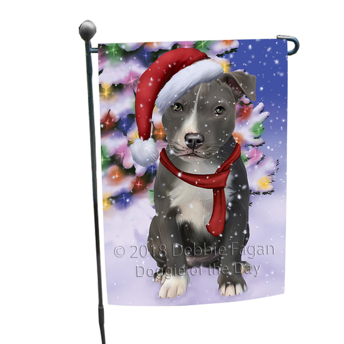 Winterland Wonderland American Staffordshire Terrier Dog In Christmas Holiday Scenic Background Garden Flag GFLG53789