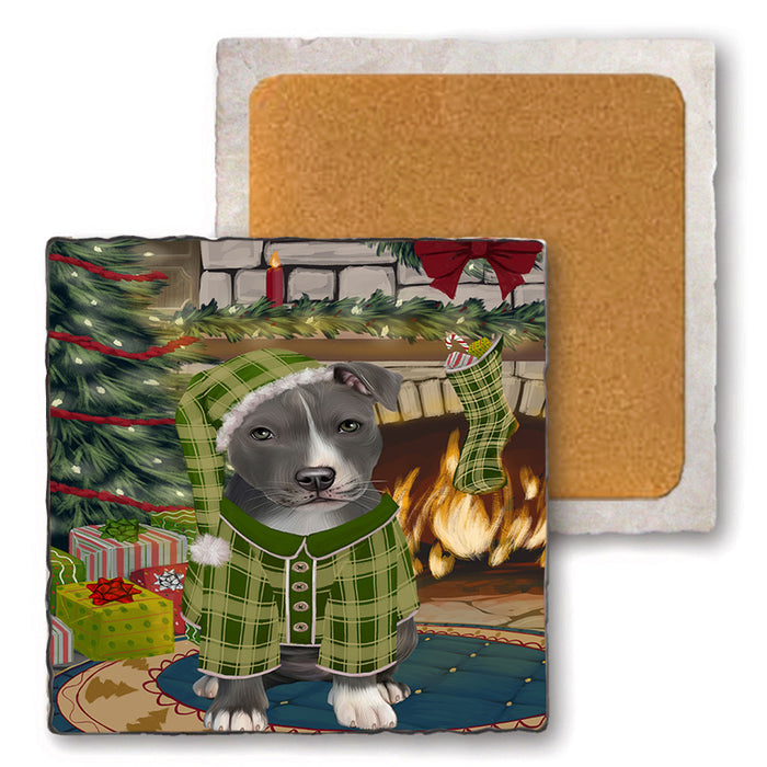 The Stocking was Hung American Staffordshire Terrier Dog Set of 4 Natural Stone Marble Tile Coasters MCST50167