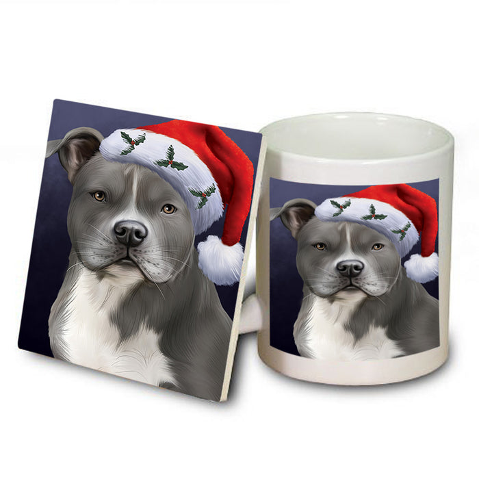 Christmas Holidays American Staffordshire Terrier Dog Wearing Santa Hat Portrait Head Mug and Coaster Set MUC53480