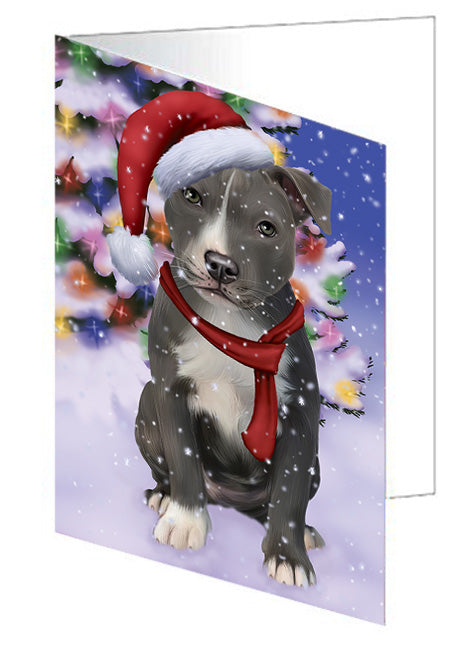 Winterland Wonderland American Staffordshire Terrier Dog In Christmas Holiday Scenic Background Handmade Artwork Assorted Pets Greeting Cards and Note Cards with Envelopes for All Occasions and Holiday Seasons GCD65210