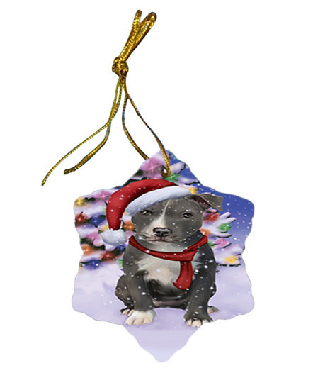 Winterland Wonderland American Staffordshire Terrier Dog In Christmas Holiday Scenic Background Star Porcelain Ornament SPOR53718