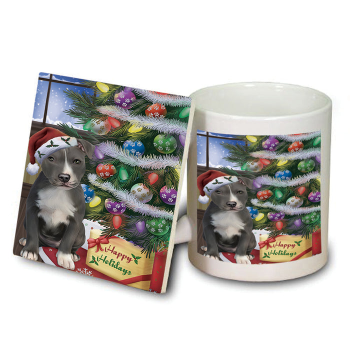 Christmas Happy Holidays American Staffordshire Terrier Dog with Tree and Presents Mug and Coaster Set MUC53429