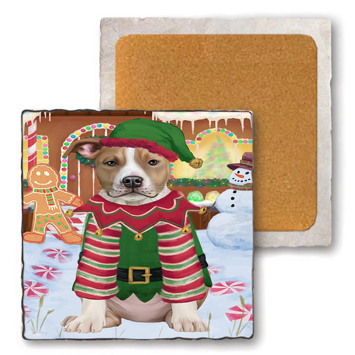 Christmas Gingerbread House Candyfest American Staffordshire Terrier Dog Set of 4 Natural Stone Marble Tile Coasters MCST51140