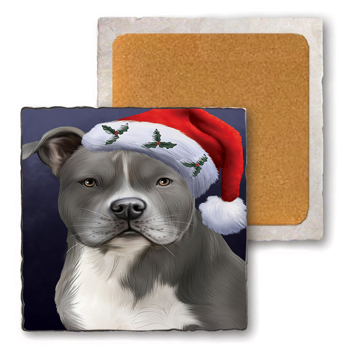 Christmas Holidays American Staffordshire Terrier Dog Wearing Santa Hat Portrait Head Set of 4 Natural Stone Marble Tile Coasters MCST48488