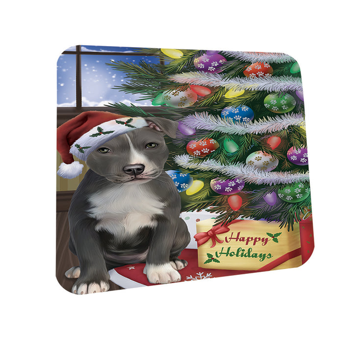 Christmas Happy Holidays American Staffordshire Terrier Dog with Tree and Presents Coasters Set of 4 CST53395