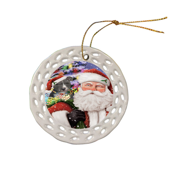 Santa Carrying American Staffordshire Terrier Dog and Christmas Presents Ceramic Doily Ornament DPOR53668