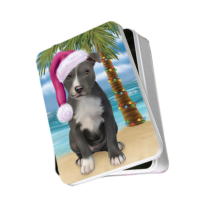 Summertime Happy Holidays Christmas American Staffordshire Terrier Dog on Tropical Island Beach Photo Storage Tin PITN54344