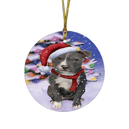 Winterland Wonderland American Staffordshire Terrier Dog In Christmas Holiday Scenic Background Round Flat Christmas Ornament RFPOR53718