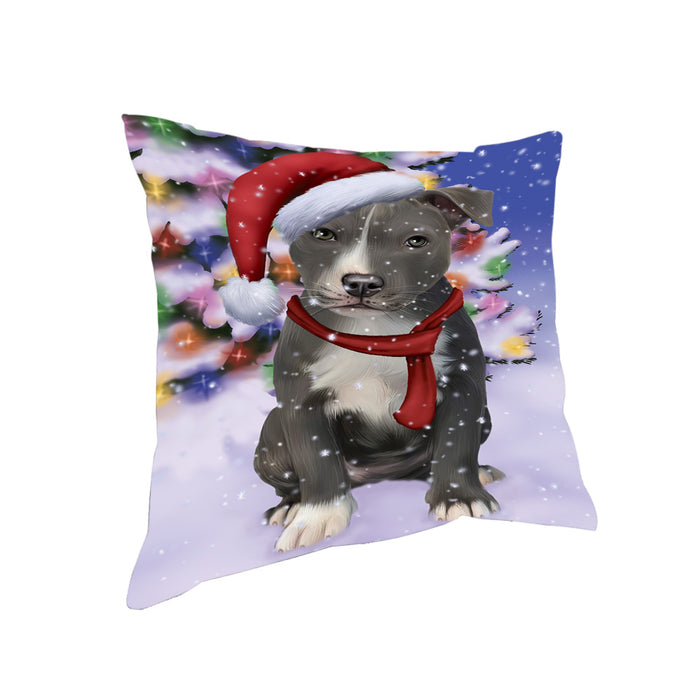Winterland Wonderland American Staffordshire Terrier Dog In Christmas Holiday Scenic Background Pillow PIL71532