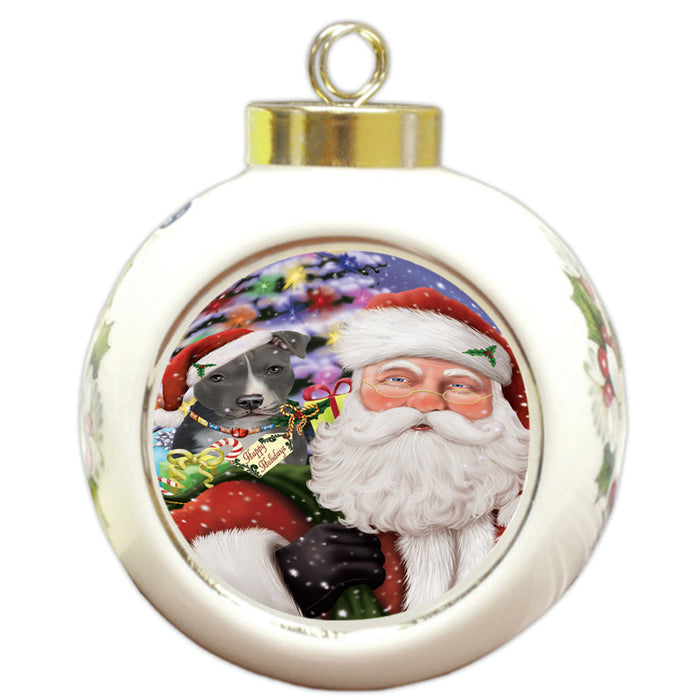 Santa Carrying American Staffordshire Terrier Dog and Christmas Presents Round Ball Christmas Ornament RBPOR53668